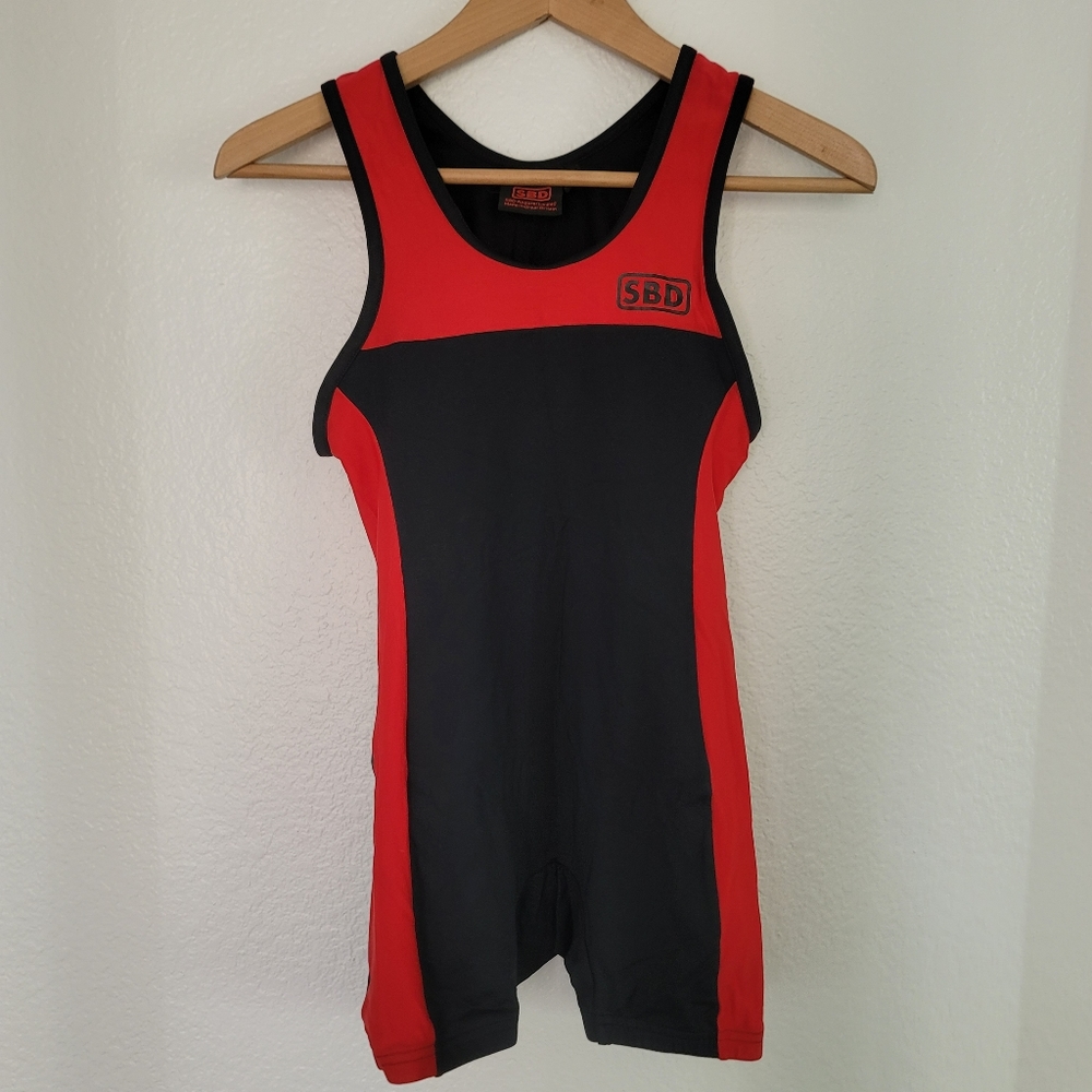 SBD women's fit powerlifting singlet, red and black, Small